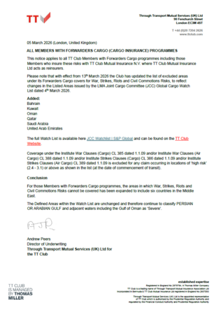 Cargo - War risk exclusions circular