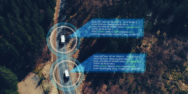 Autonomous Electric Van semi truck car driving on a highway with technology assistant tracking information, showing details. Visual effects clip