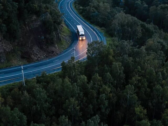 Trick drives along forest road