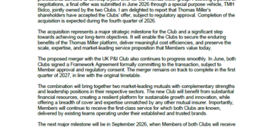 Proposed merger with the UK P&I Club and the proposed acquisition of Thomas Miller